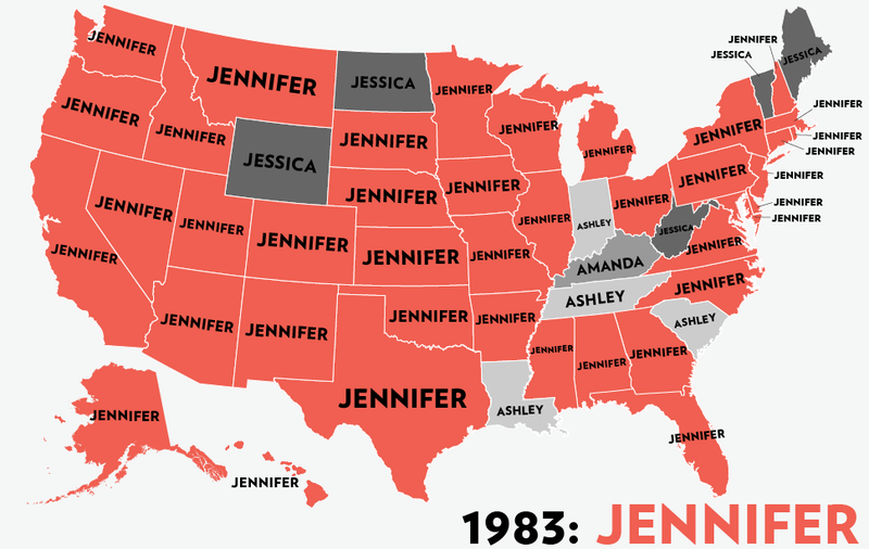 Illustration for article titled Map: Six Decades of the Most Popular Names for Girls, State-by-State